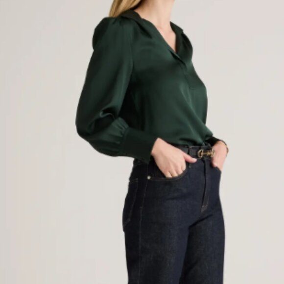 NWT - QUINCE Washable Stretch Silk Split Neck Blouse - Forest Green - Medium - Picture 4 of 7